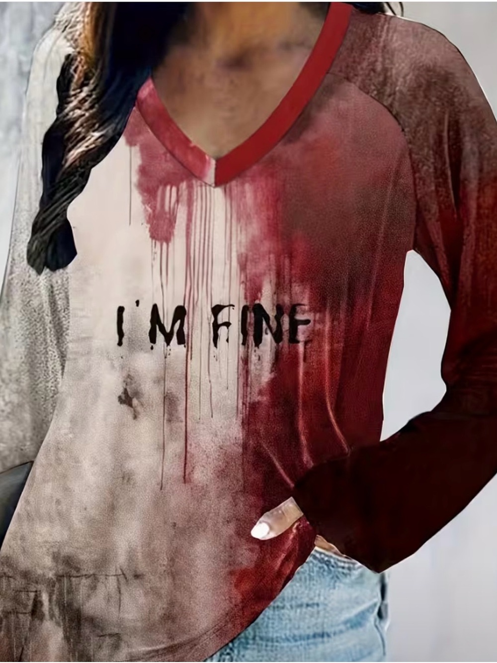 Women's V-Neck Long Sleeve Tee with Red Ombre 'I'm Fine' Graphic